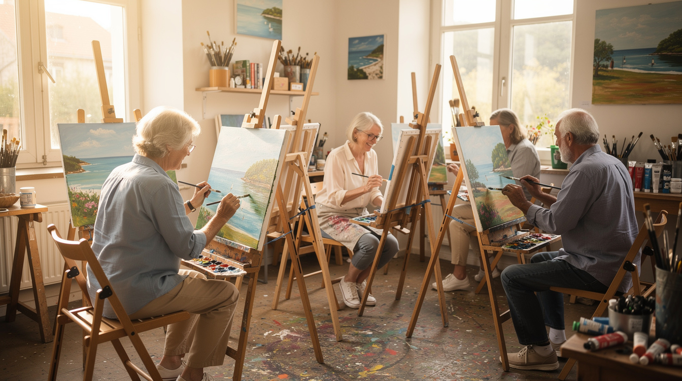 Seniors painting together in an art workshop